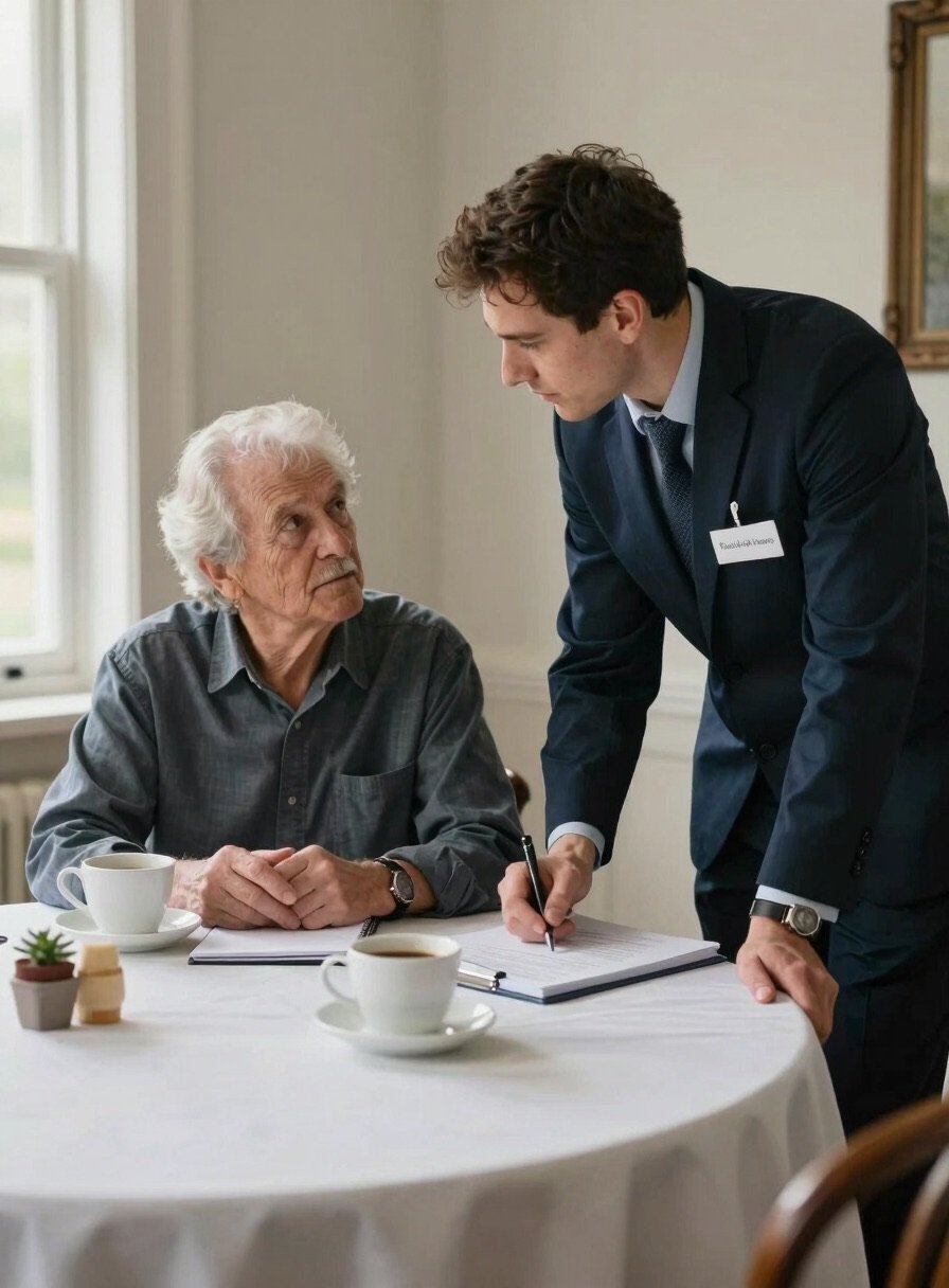 A staff member leaning in to talk with an elderly resident at a table with coffee cups and a notebook