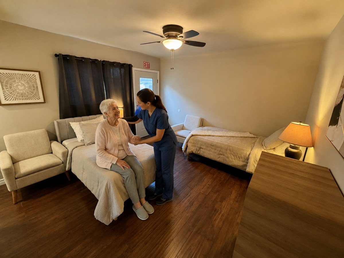 A caregiver helping a resident sit on the edge of her bed in a bright, simply furnished bedroom