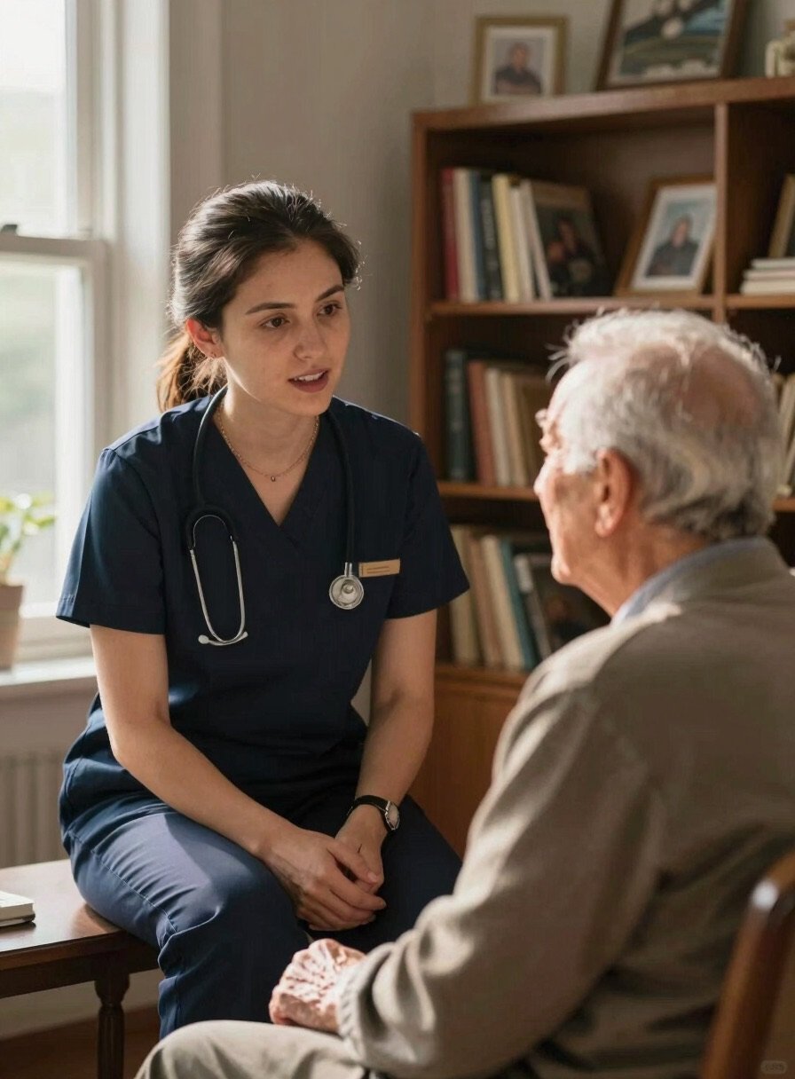 A caregiver in navy scrubs talking with an elderly resident in a room lined with bookshelves