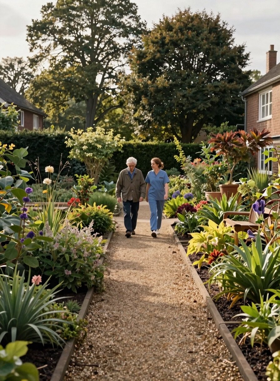 A resident and a companion walking arm in arm down a gravel garden path between flower beds