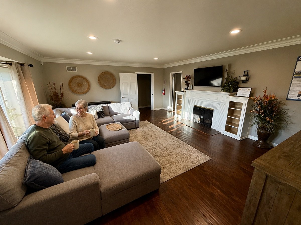 Two residents chatting over coffee on a sectional sofa in the sunlit living room at Loving Hands